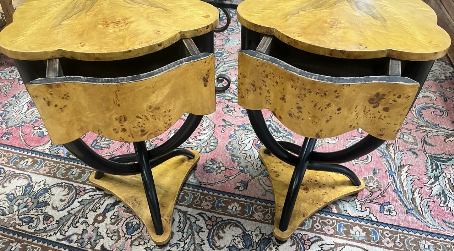 PAIR OF MODERN ART DECO BURL BIRDS EYE MAPLE SIDE END SOFA TABLES