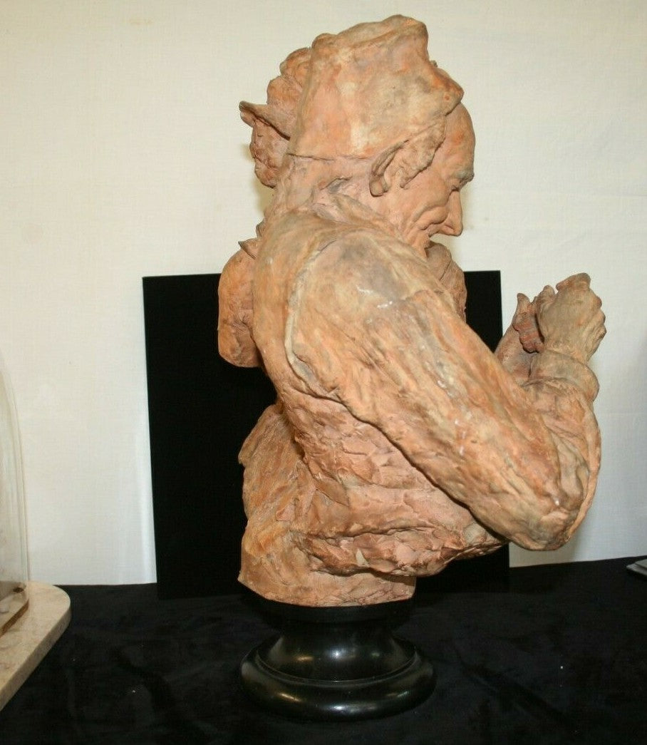 FRENCH TERRACOTTA SCULPTURE OLD HAPPY COUPLE W/ PIPE BUST FIGURES