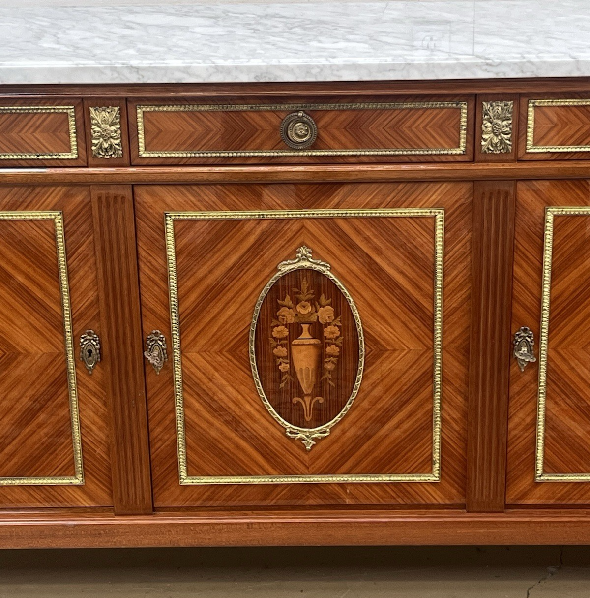 FRENCH LOUIS XVI MARBLE-TOP LACQUERED MARQUETRY DEMILUNE ENFILADE SIDEBOARD 105"