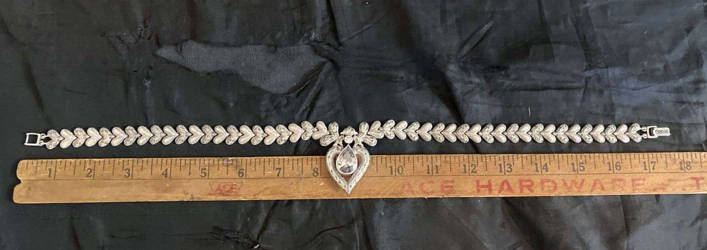 925 Sterling Silver 17.5 in Marcasite Gemstone Heart Design Link Necklace 77.1g