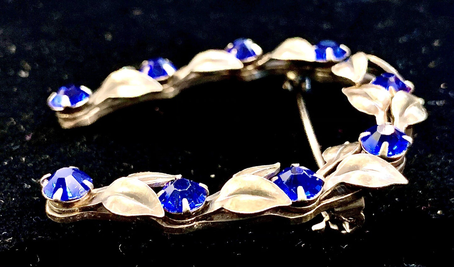 Vtg  Sterling Silver Horseshoe Faux Sappphire Stones Leaves Brooch Pin 7.8 gr