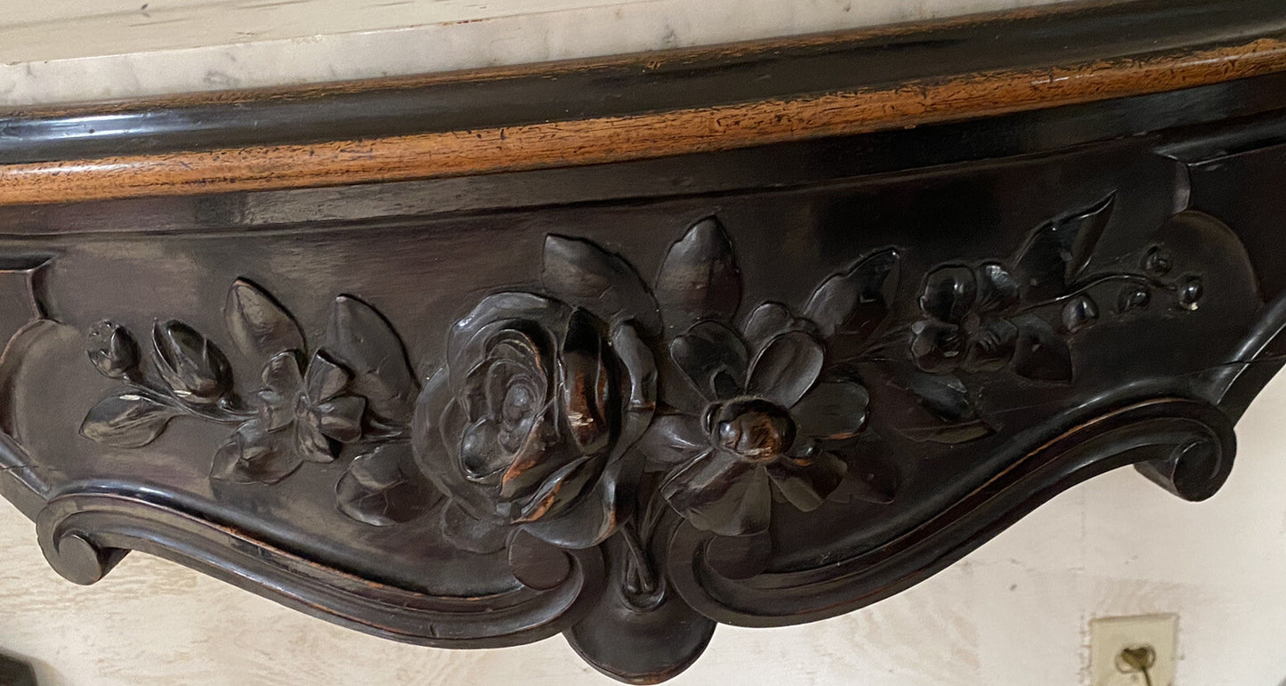 Antique French Louis XV Ebonized Bowfront Console Table w/ White Marble Top