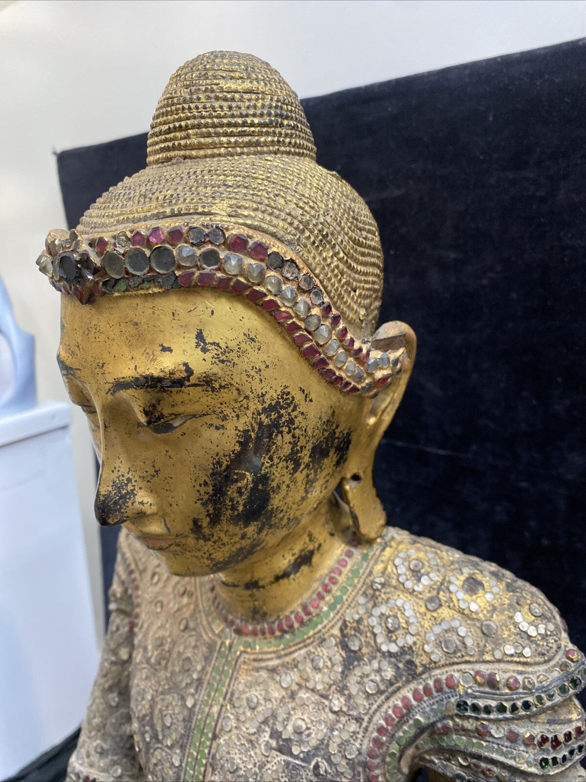 Thai Gilt Wood Seated Buddha Statue w/ Leather & Jewel Adornment