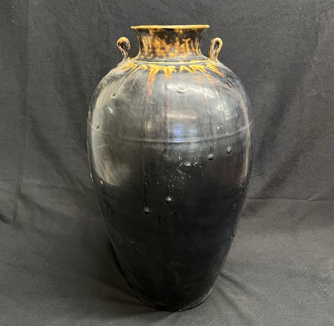 Midcentury Burmese Martaban Brown Drip Glaze Stoneware Vase 17"