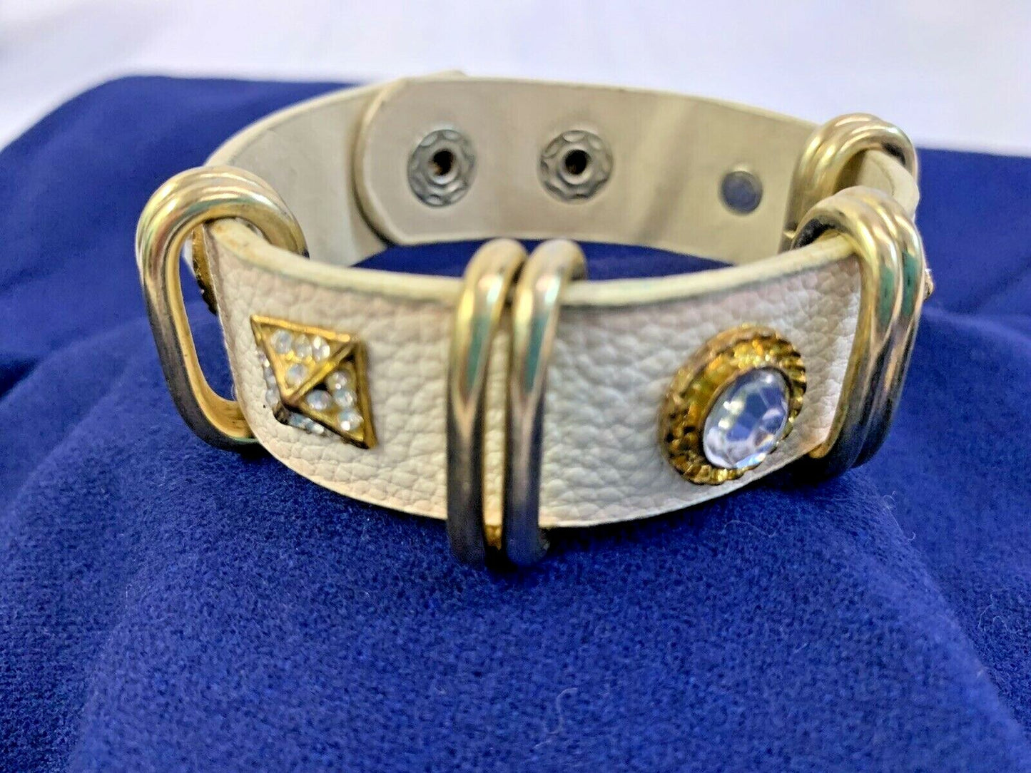 Yik Fung Genuine Leather Clear Rhinestone Studded Gold Tone Snap Bracelet