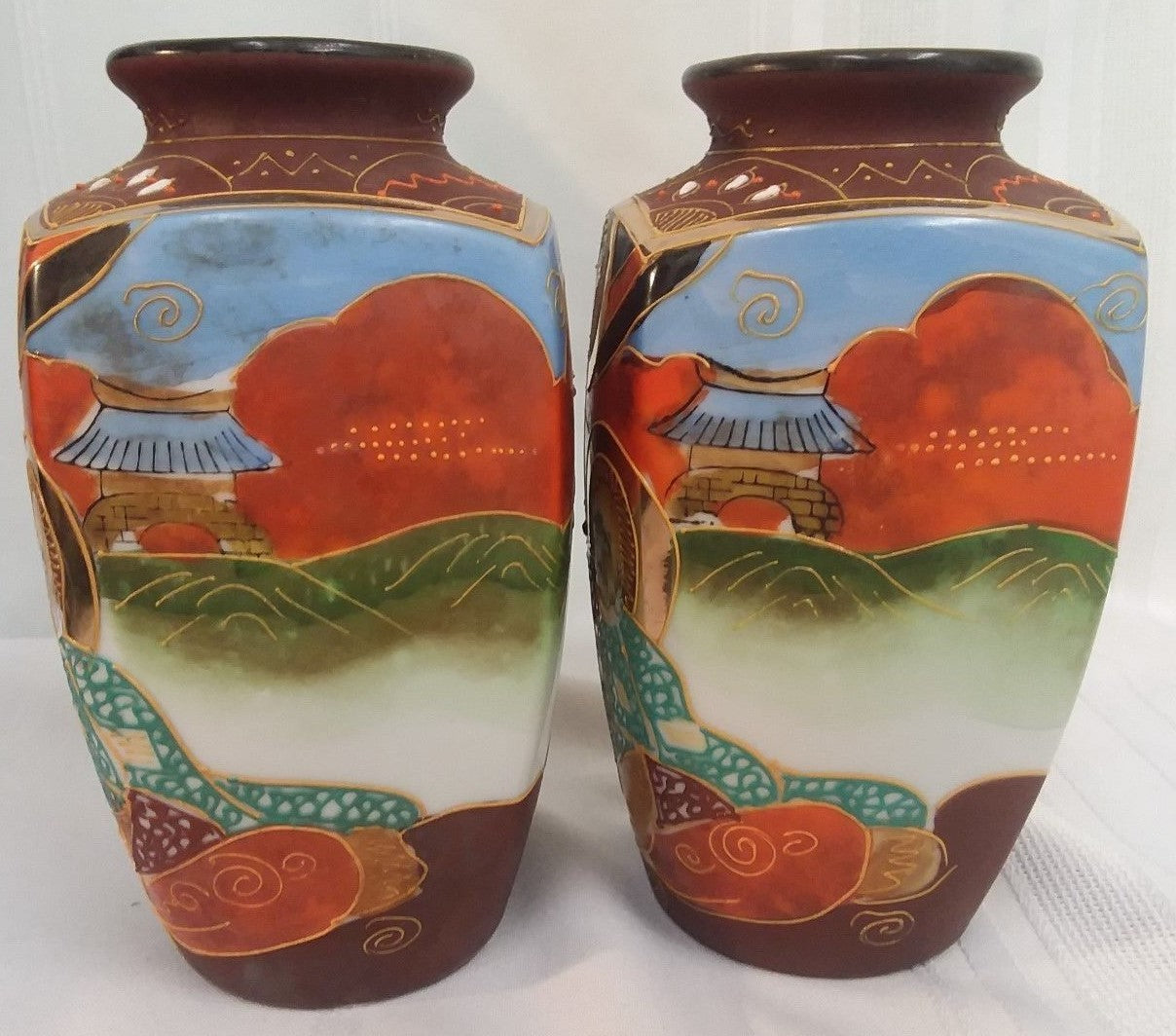 Pair Japanese Moriage Vases Man & Woman Colorful Dragonware  H6" Immortals