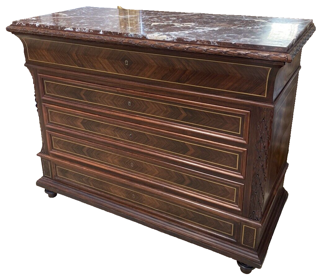 FRENCH MARBLE-TOP ROSEWOOD COMMODE SECRETAIRE CHEST OF DRAWERS