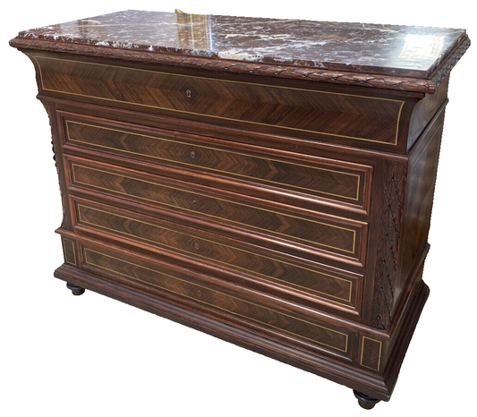 FRENCH MARBLE-TOP ROSEWOOD COMMODE SECRETAIRE CHEST OF DRAWERS