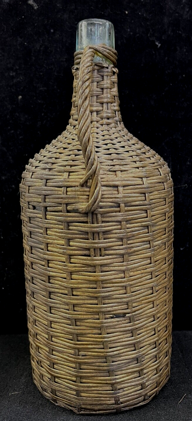 French Glass Woven Wicker Demijohn Bottle Rustic Farmhouse  Wickerware Antique