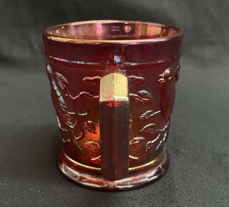 Vintage 1960s Imperial Glass OH Red Carnival Robin on Branch Mug 3.5"