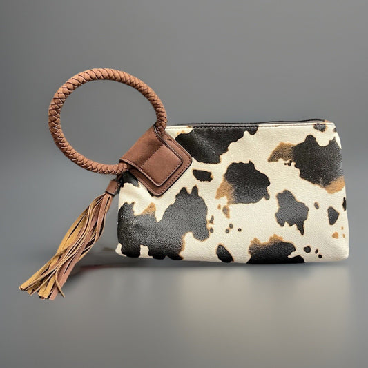Cow Print Tassel Hand Clutch with Braided Bangle 10.75"