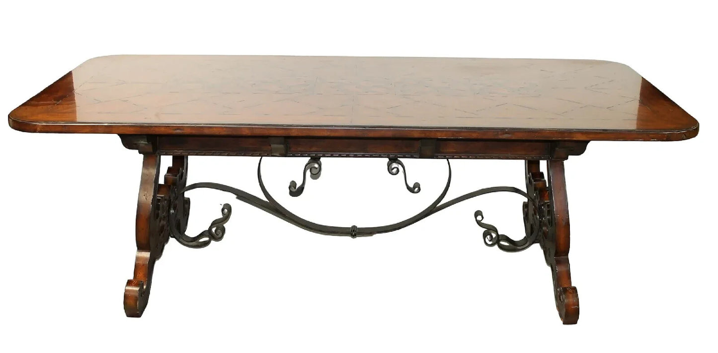 MAITLAND SMITH BAROQUE SPANISH STYLE DINING TABLE W/ INLAY & METAL STRETCHER 90”