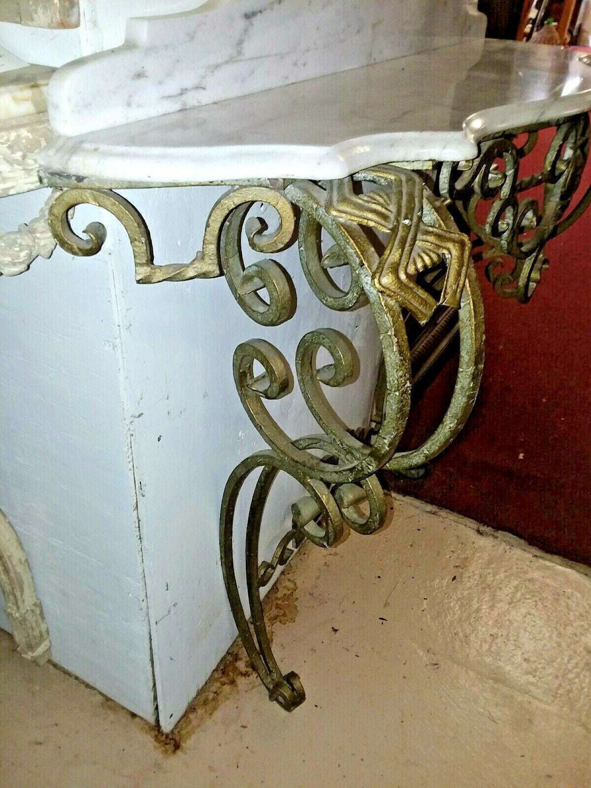 Antique Gilt Metal Console with Marble Top Entryway Italian