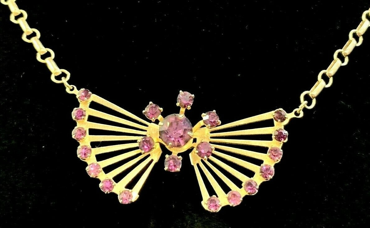 Impressive 1940'S RETRO  GOLD plated Amethyst RHINESTONE  NECKLACE Art Deco 18"