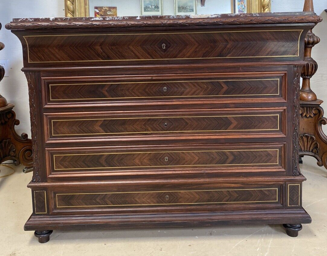 FRENCH MARBLE-TOP ROSEWOOD COMMODE SECRETAIRE CHEST OF DRAWERS
