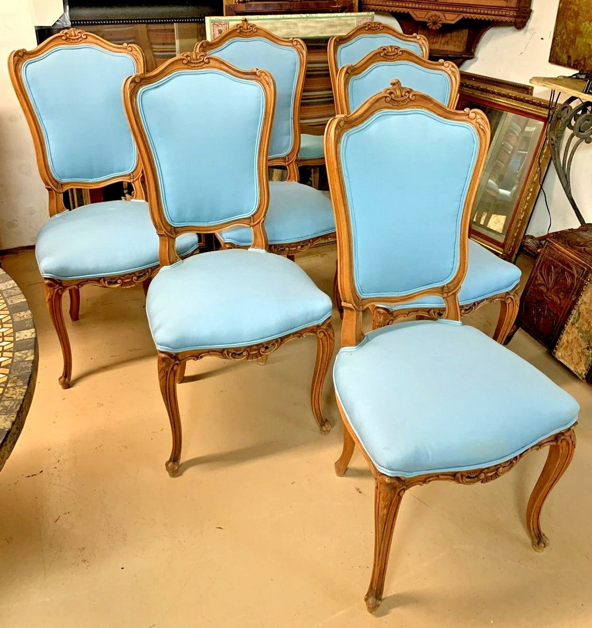 Set of 6 Louis XV style French Walnut Carved Side Chairs