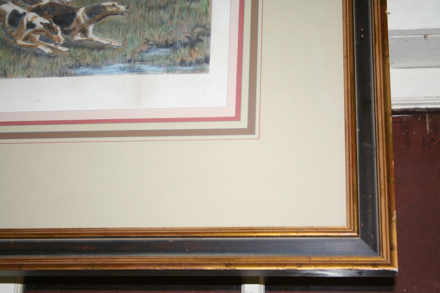 Large Framed Fox Hunt Framed Print Lithograph Engraving by Pratt 1887 Wood Frame