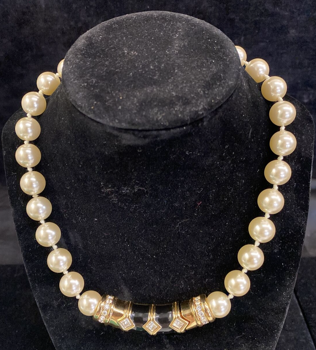 80’s SWAROVSKI Necklace Choker  Pearls Gold Black Enamel Crystals 17" Statement