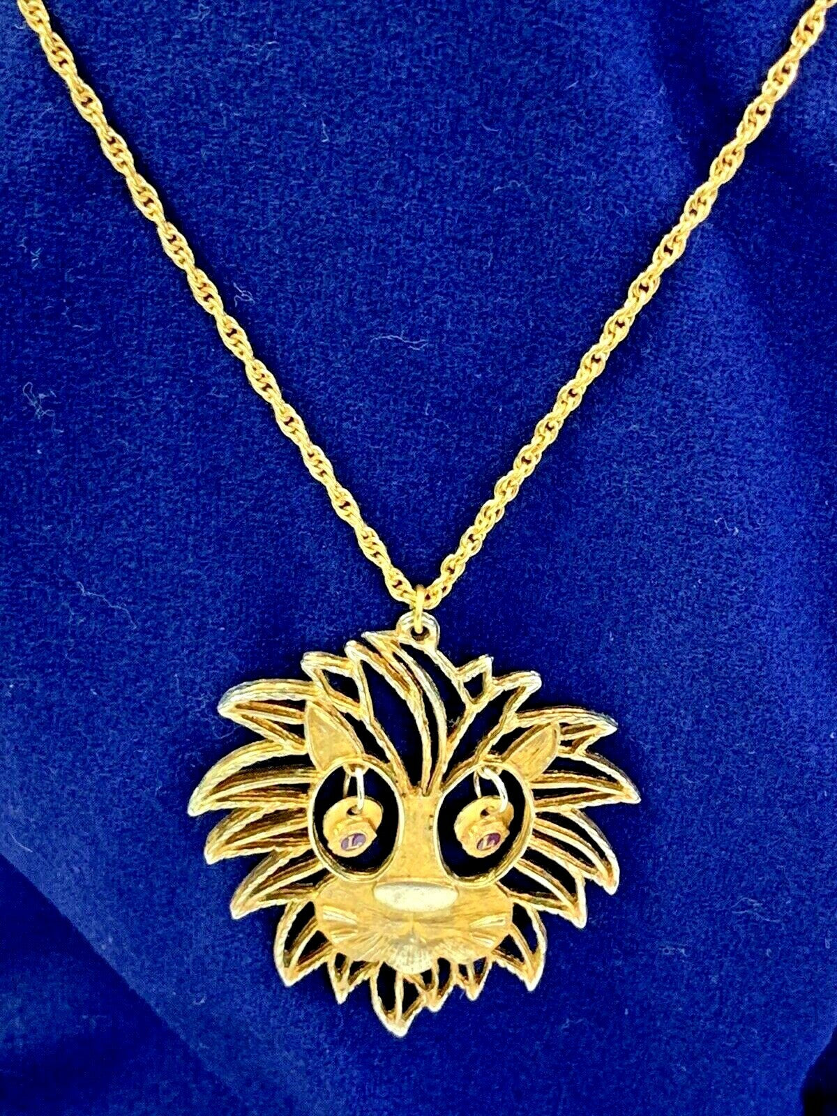 Vintage LION'S CLUB Lion Head LARGE Figural PENDANT Necklace signed HH