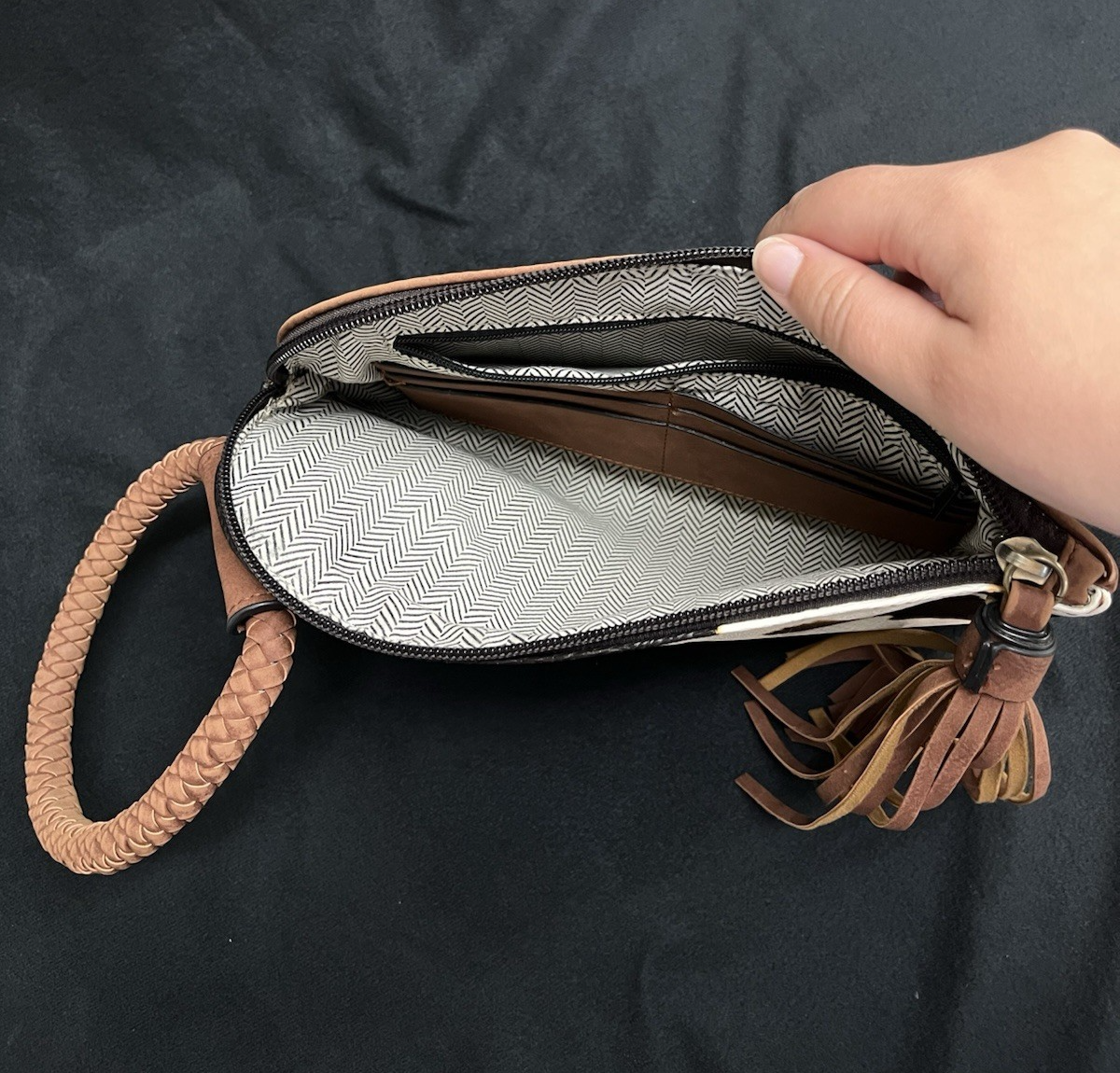 Cow Print Tassel Hand Clutch with Braided Bangle 10.75"