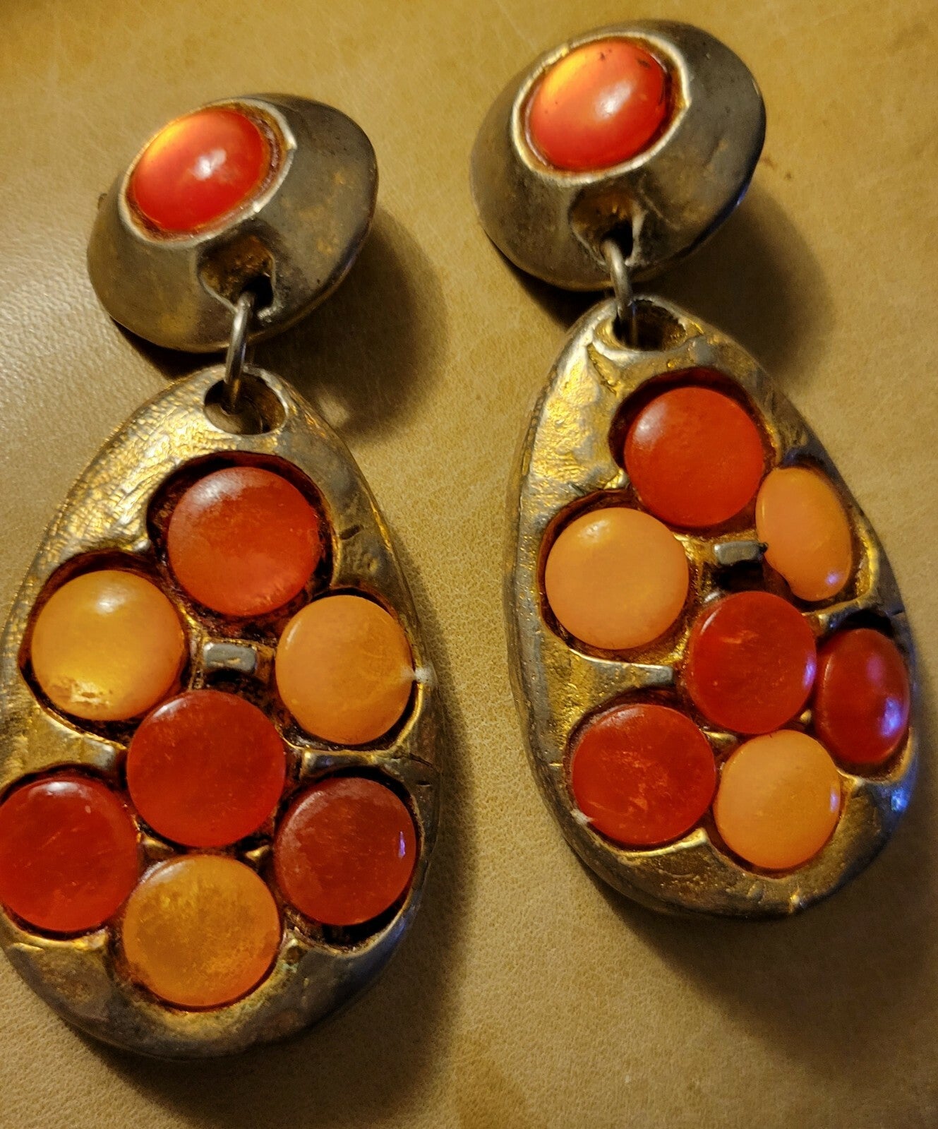 KALINGER PARIS Massive Vtg. French Clip Runway Earrings Gold w Rose & Peach Cabs