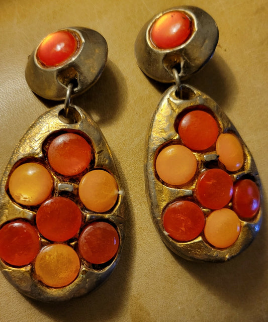 KALINGER PARIS Massive Vtg. French Clip Runway Earrings Gold w Rose & Peach Cabs