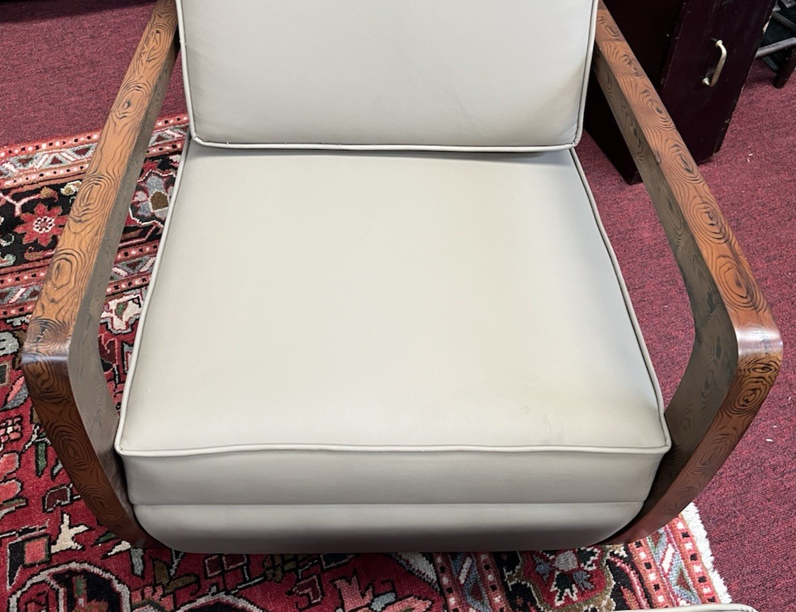 PAIR OF ART DECO STYLE UPHOLSTERED ARMCHAIRS & OTTOMANS