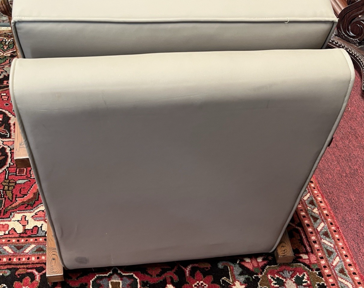 PAIR OF ART DECO STYLE UPHOLSTERED ARMCHAIRS & OTTOMANS