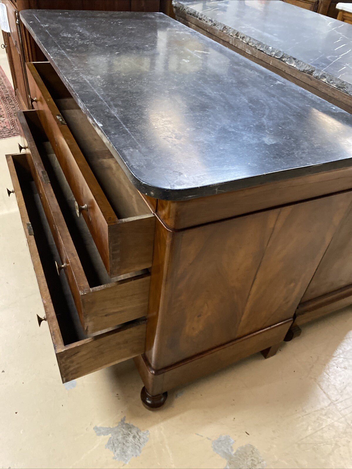 ANTIQUE FRENCH LOUIS PHILIPPE MARBLE-TOP FLAME BURLED MAHOGANY COMMODE CHEST