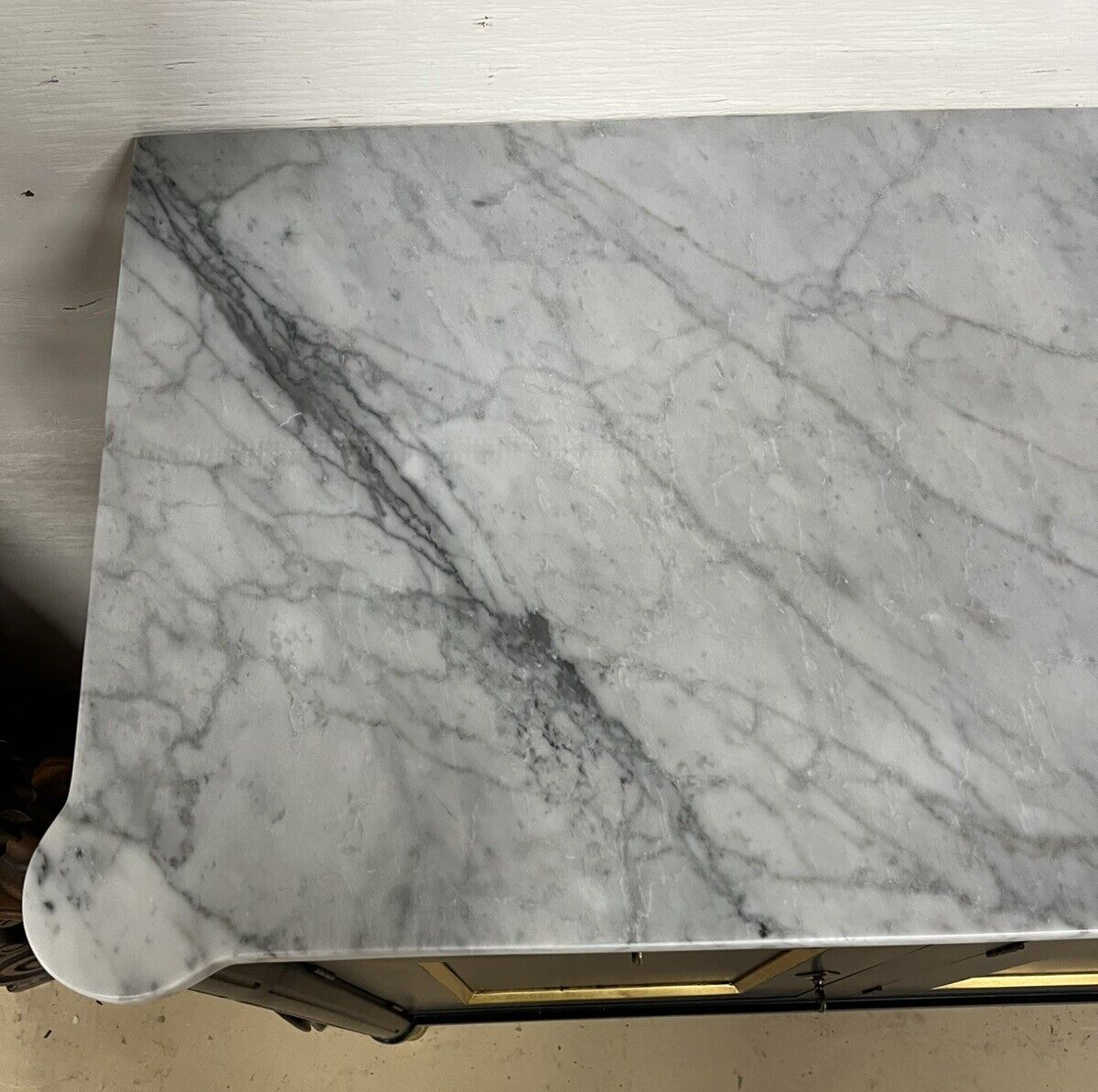 French Louis XVI Marble Top Black & Gold Cabinet Sideboard Cabinet Enfilade