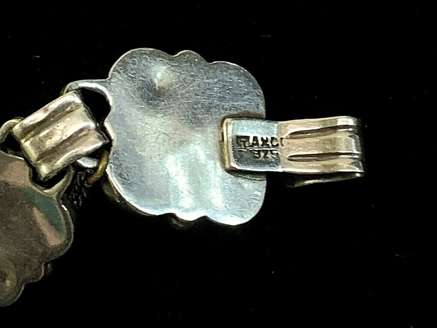 Vtg Taxco Signed Sterling Silver & Onyx 7 Link Bracelet  7 1/2" w Safety Chain