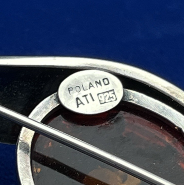 Vintage Polish Amber Sterling Silver (.925) Abstract Flower Brooch Pin 11.3g