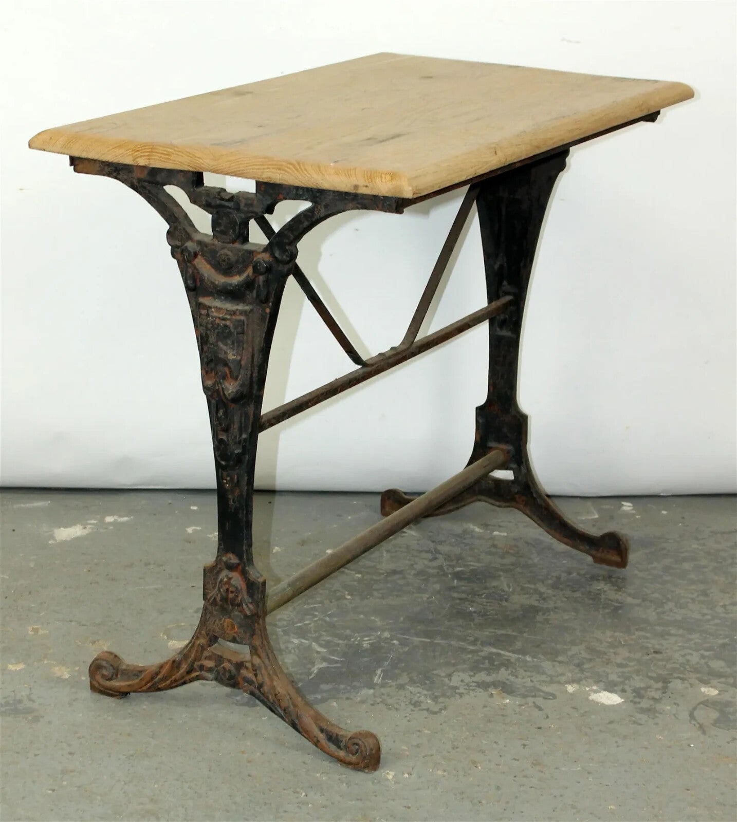 Antique French Art Deco bistro table w/ cast iron base natural white oak top