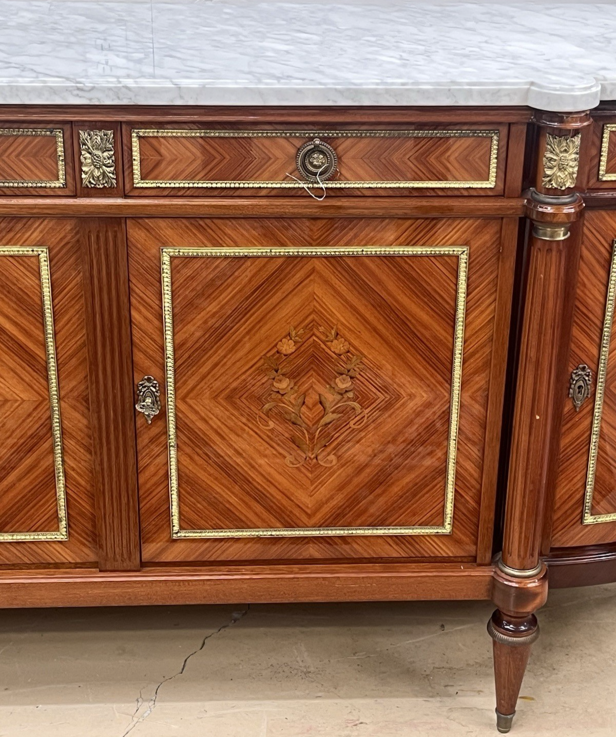 FRENCH LOUIS XVI MARBLE-TOP LACQUERED MARQUETRY DEMILUNE ENFILADE SIDEBOARD 105"