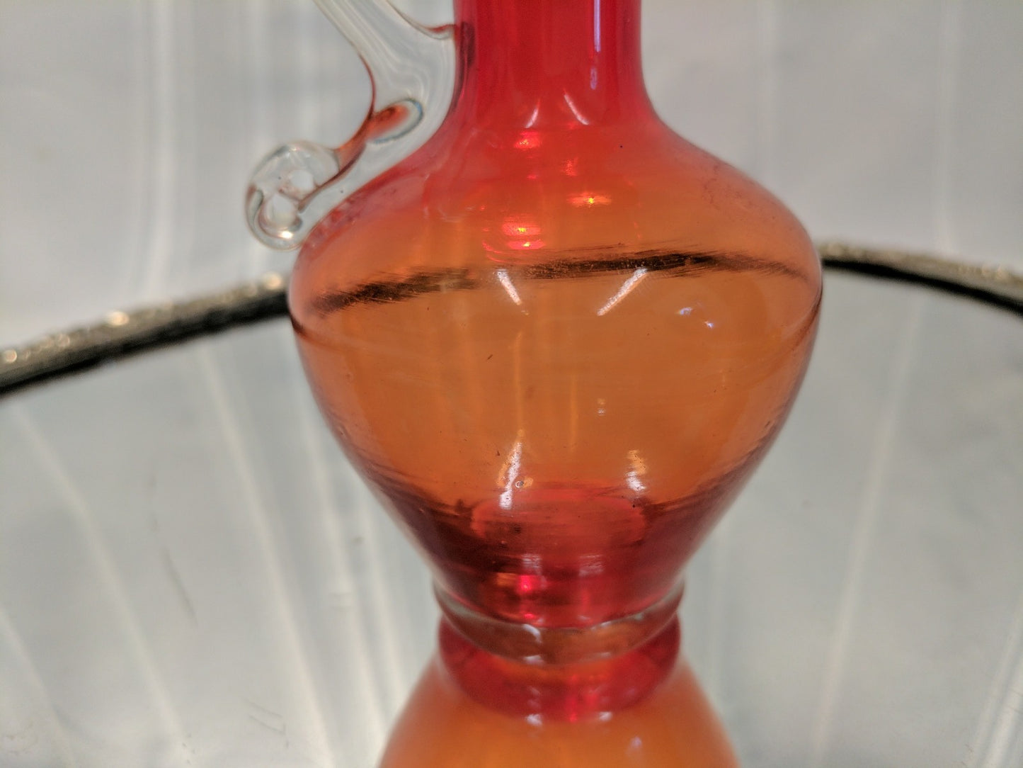 Vintage Hand Blown Art Glass Tangerine/ Amberina Pitcher w Handle Ruffled Top