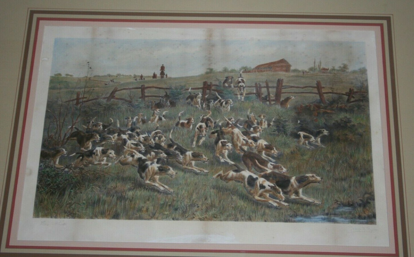 Large Framed Fox Hunt Framed Print Lithograph Engraving by Pratt 1887 Wood Frame