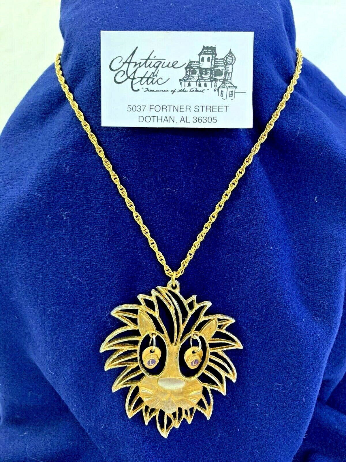 Vintage LION'S CLUB Lion Head LARGE Figural PENDANT Necklace signed HH