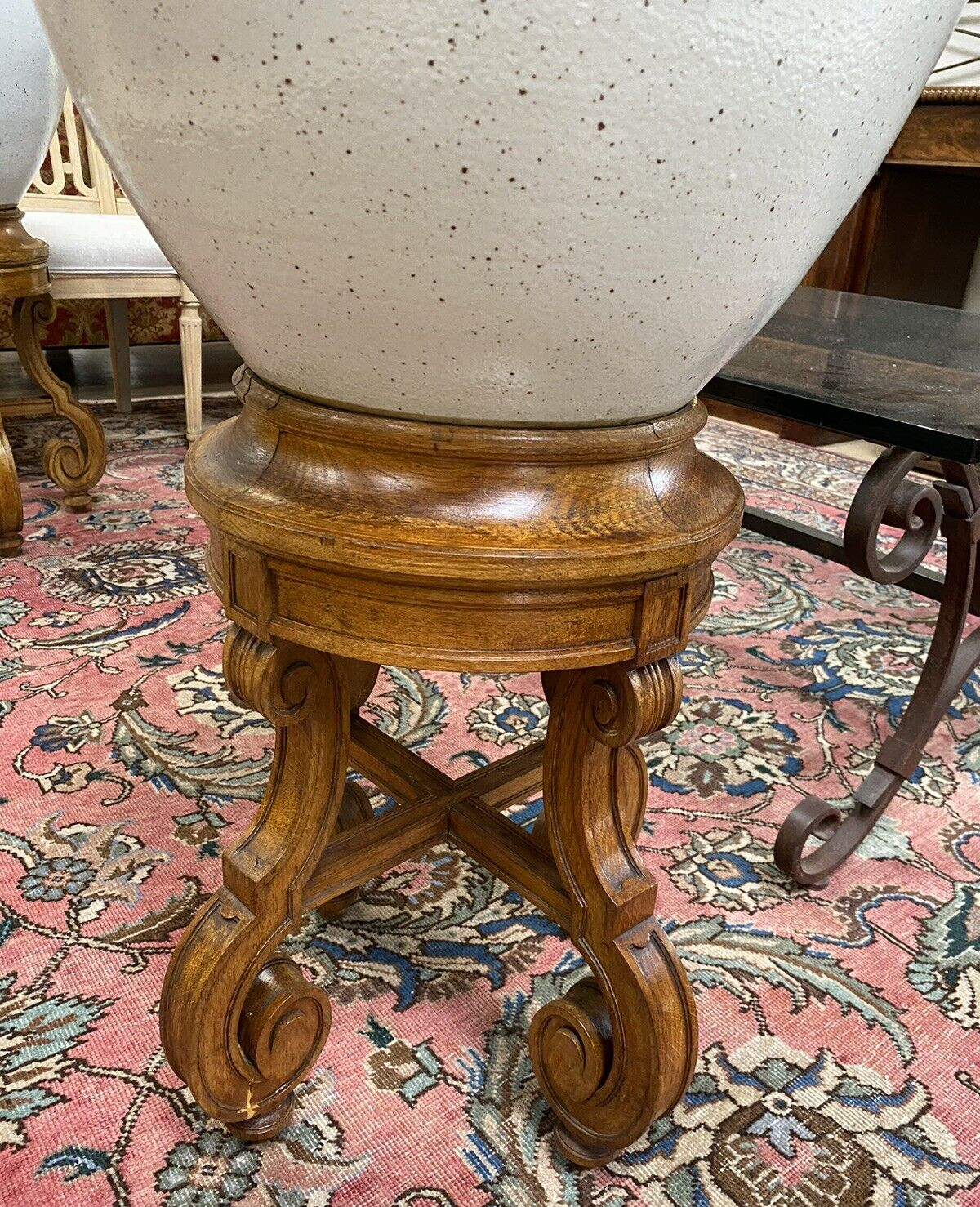 PAIR OF CHINESE SALT-GLAZED PORCELAIN VASES ON FRENCH OAK WOOD STANDS 51" HIGH