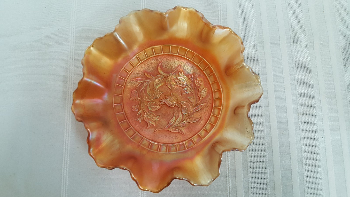 Vintage Dugan Marigold WINDFLOWER Carnival Glass 8 1/2" Ruffled Bowl