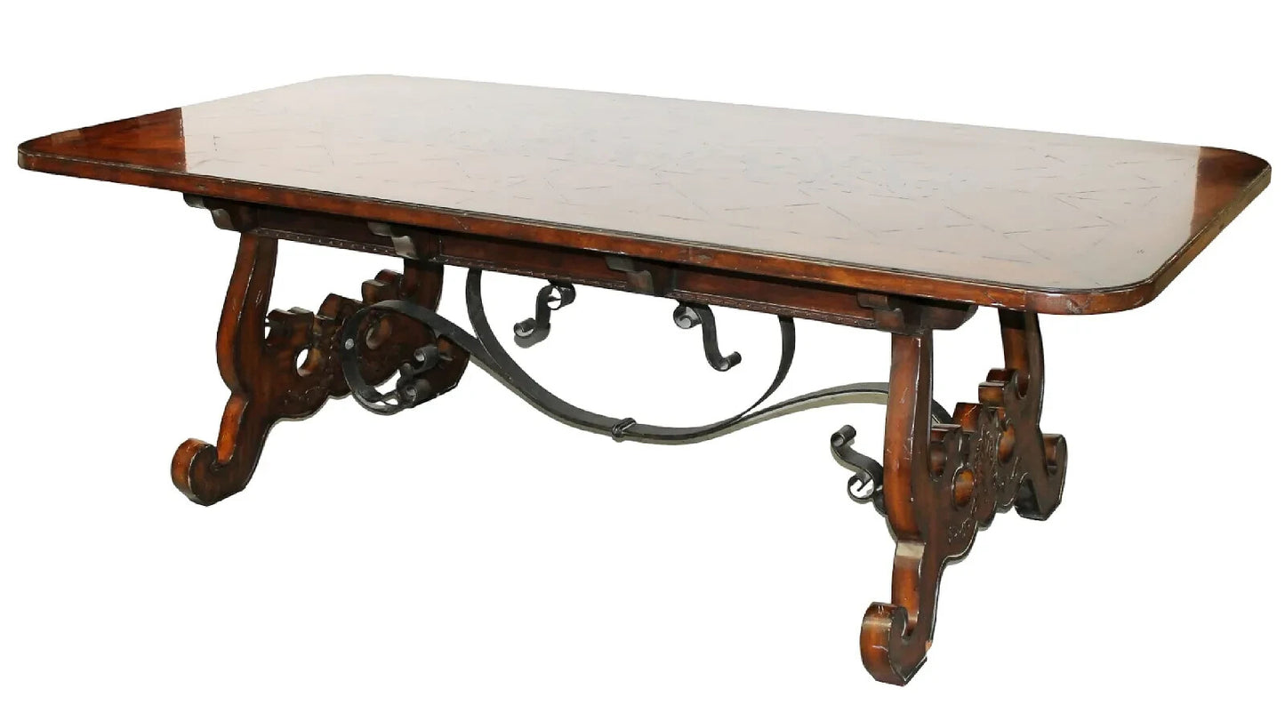 MAITLAND SMITH BAROQUE SPANISH STYLE DINING TABLE W/ INLAY & METAL STRETCHER 90”