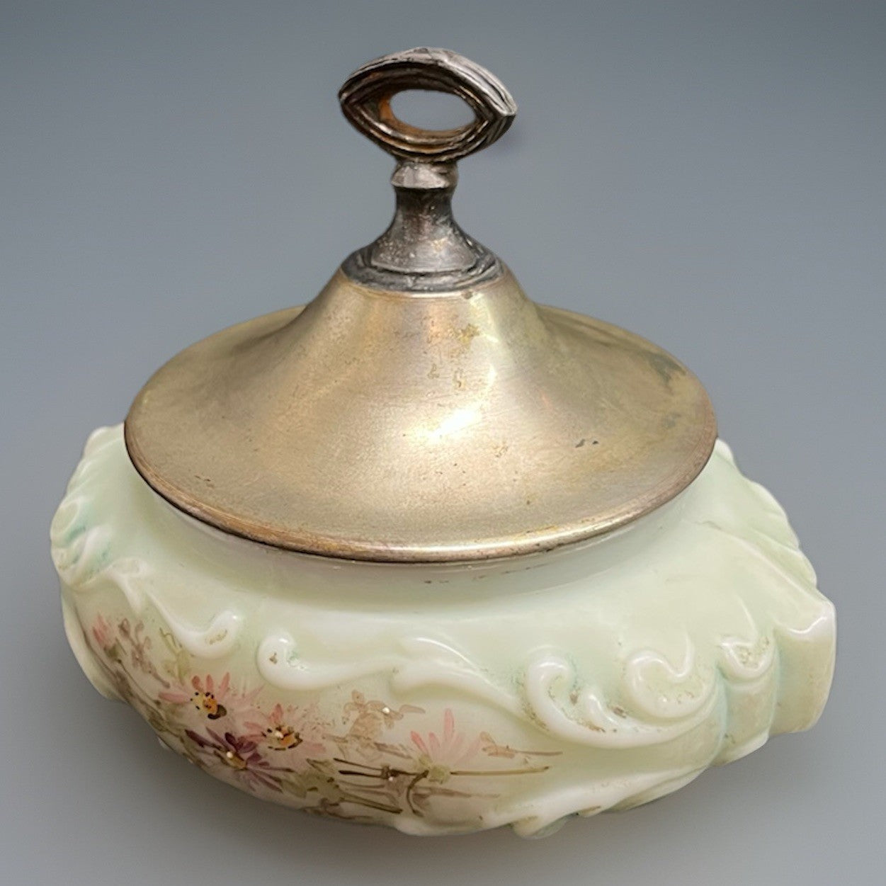 C.F. Monroe Co. Wave Crest Hand Painted Opal Glass Dresser Dish with Lid 4"