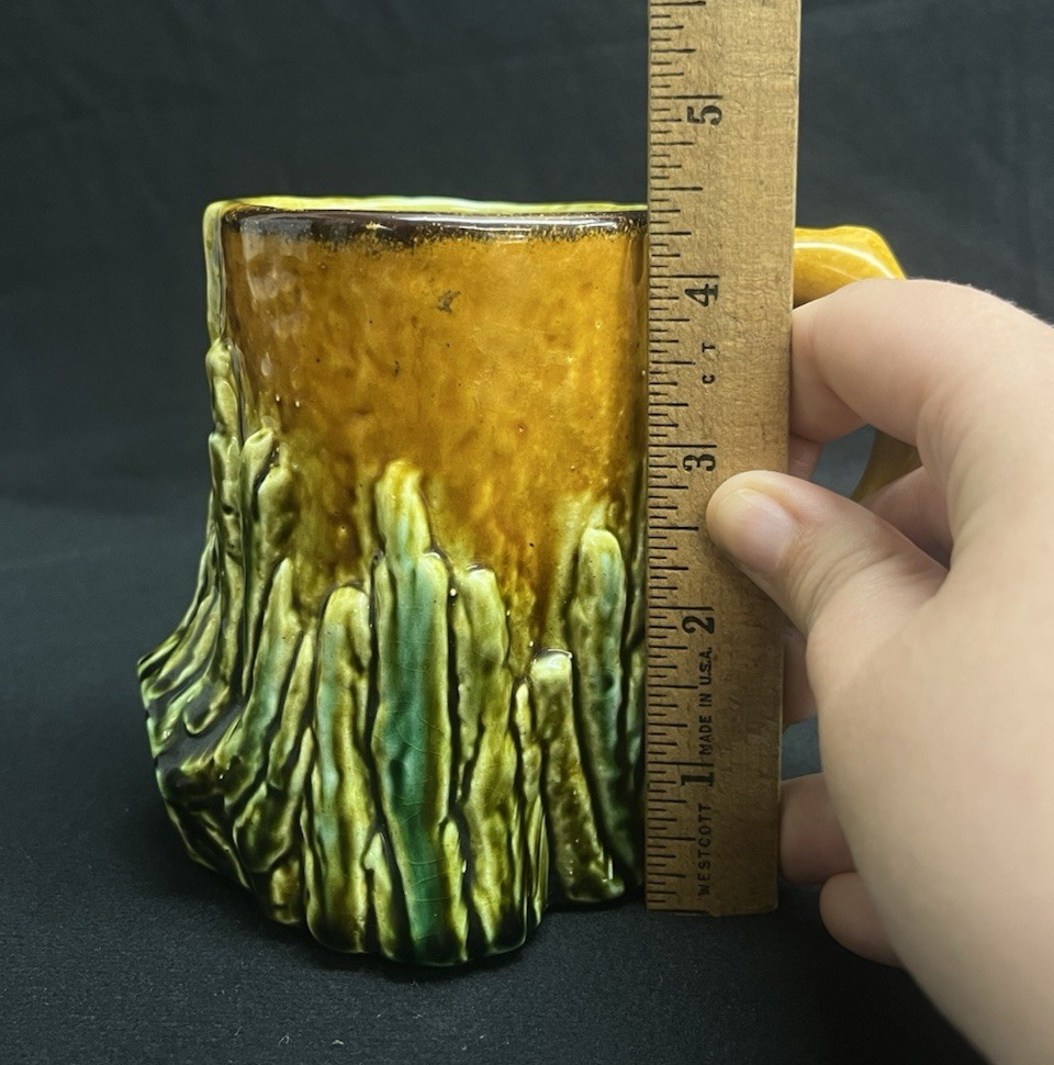 Antique Majolica Tree Trunk Textured Brown and Green Mug 4.5"