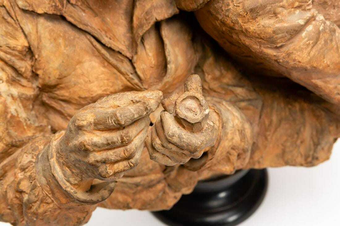 FRENCH TERRACOTTA SCULPTURE OLD HAPPY COUPLE W/ PIPE BUST FIGURES