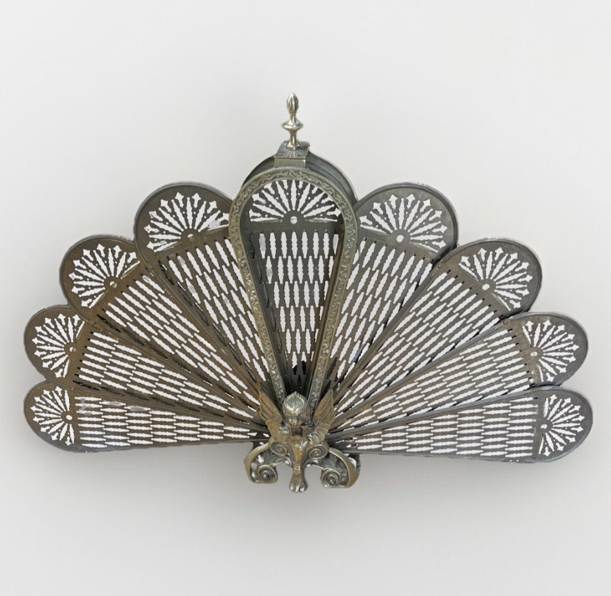 Gilt Brass Folding Peacock Firescreen Fire Screen w/ Bird Motif