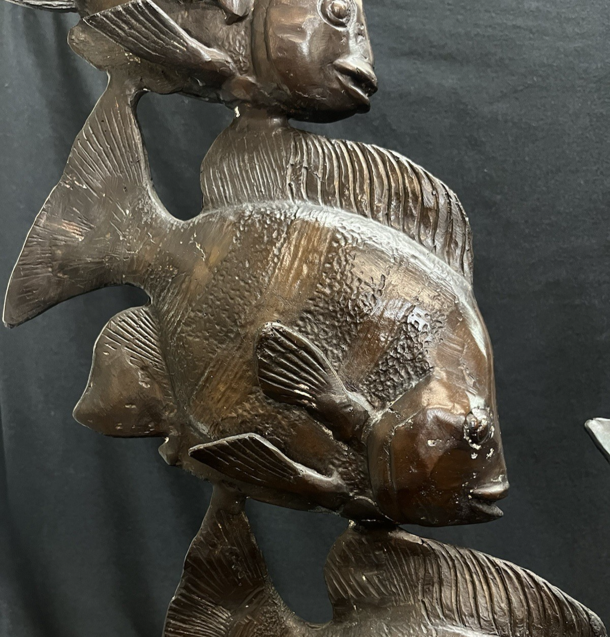 PB14 Bronze Green and Brown Three Angel Fish w/ Seaweed Sculpture/Statue 26.75"