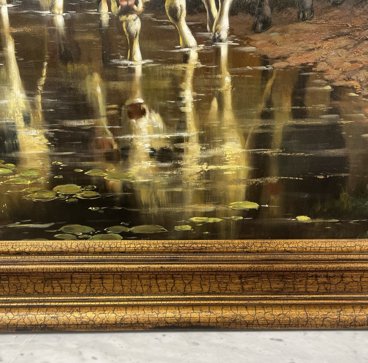 Large Agricultural Pastoral Cows Grazing Oil On Canvas Painting 58" x 70" CL6