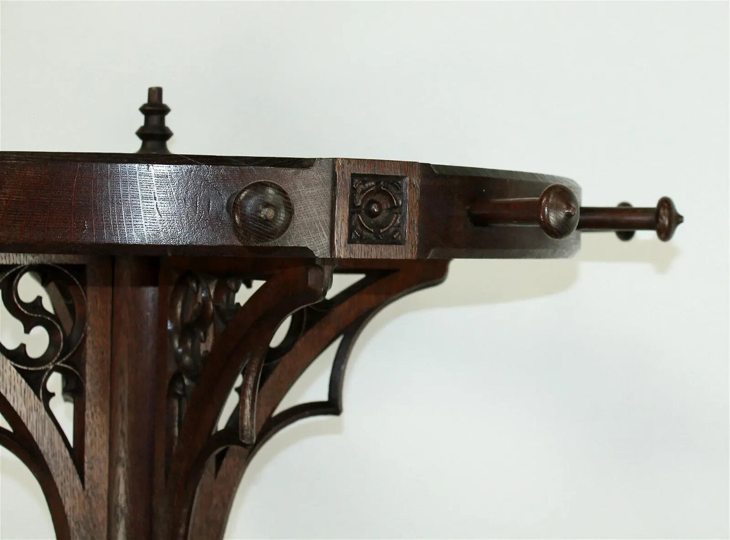 Antique French Gothic Revival Carved Oak Round Pedestal Rotating Coat Tree Rack