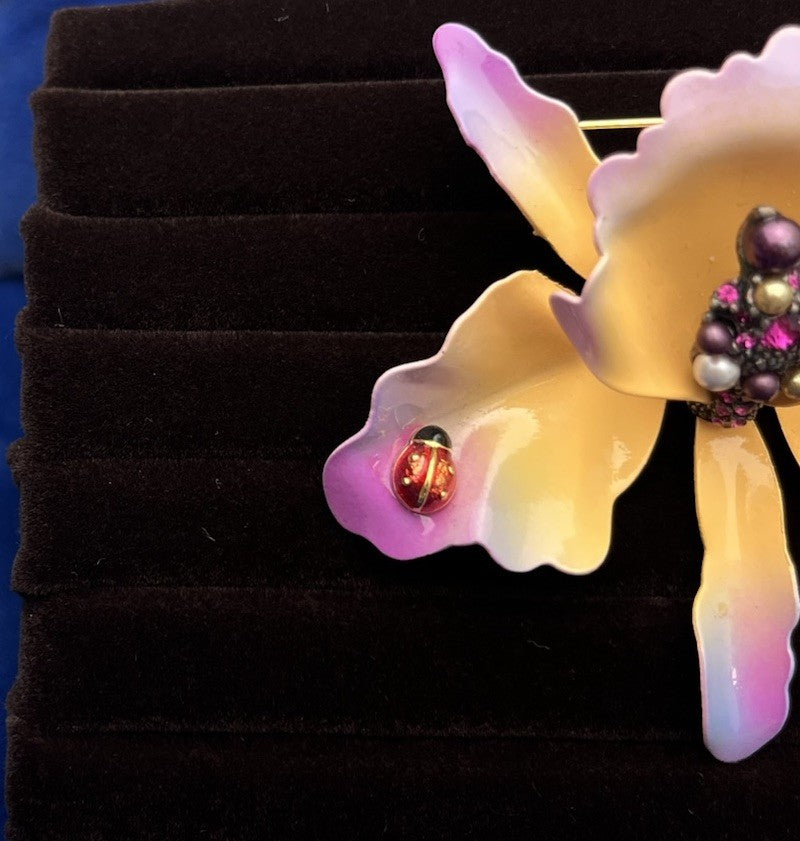 JOAN RIVERS Orchid Brooch Enamel Purple & Peach Flower Lady bug Pin Rhinestones
