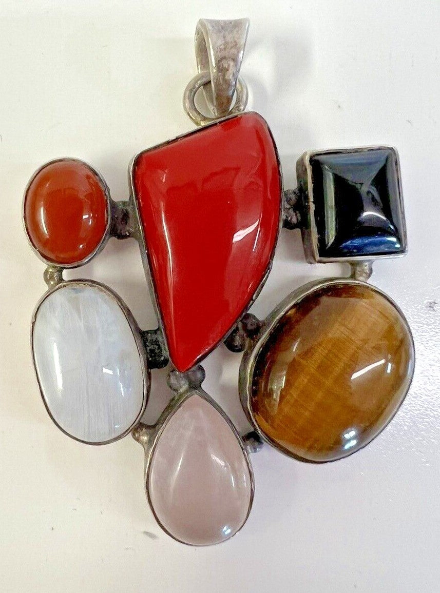 Sterling Silver Pendant with natural stones-cat eye, onyx, red jasper, abalone,