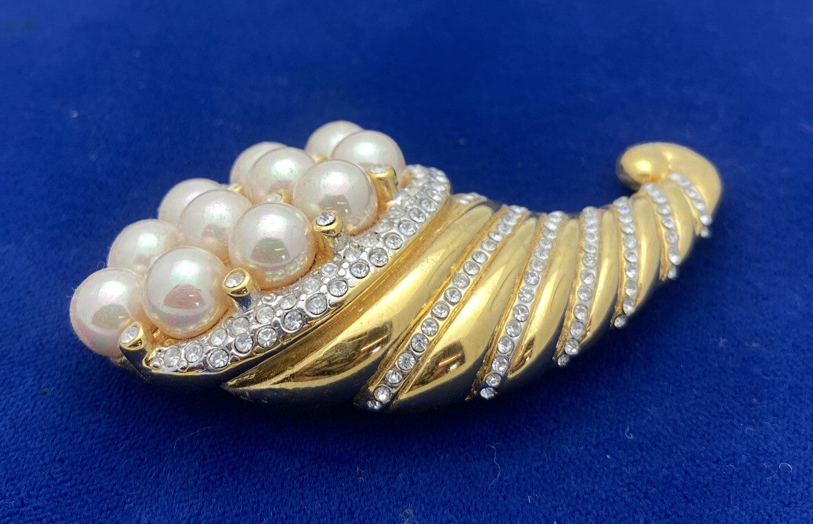 Beautiful Nolan Miller Glamour Collection Jewelry Pearl Gold Cornucopia Brooch